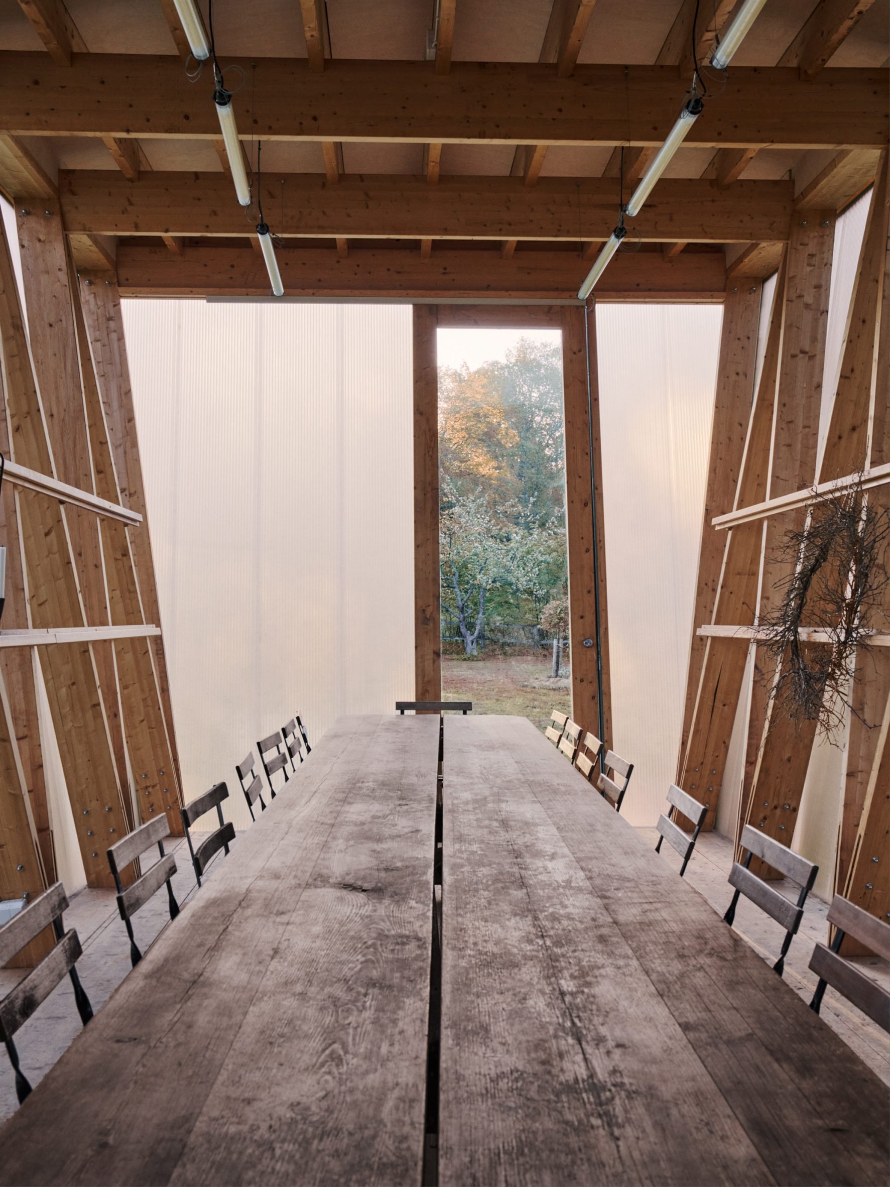 Interior of wooden pavilion in Sweden