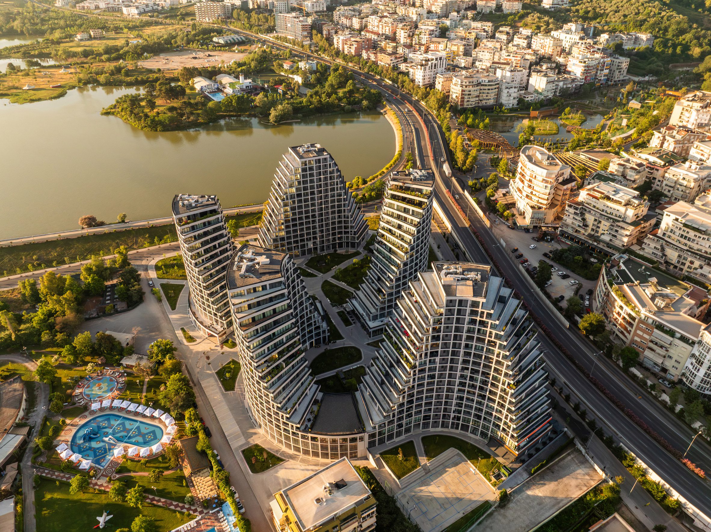 Aerial view of the Lake Views development in Tirana
