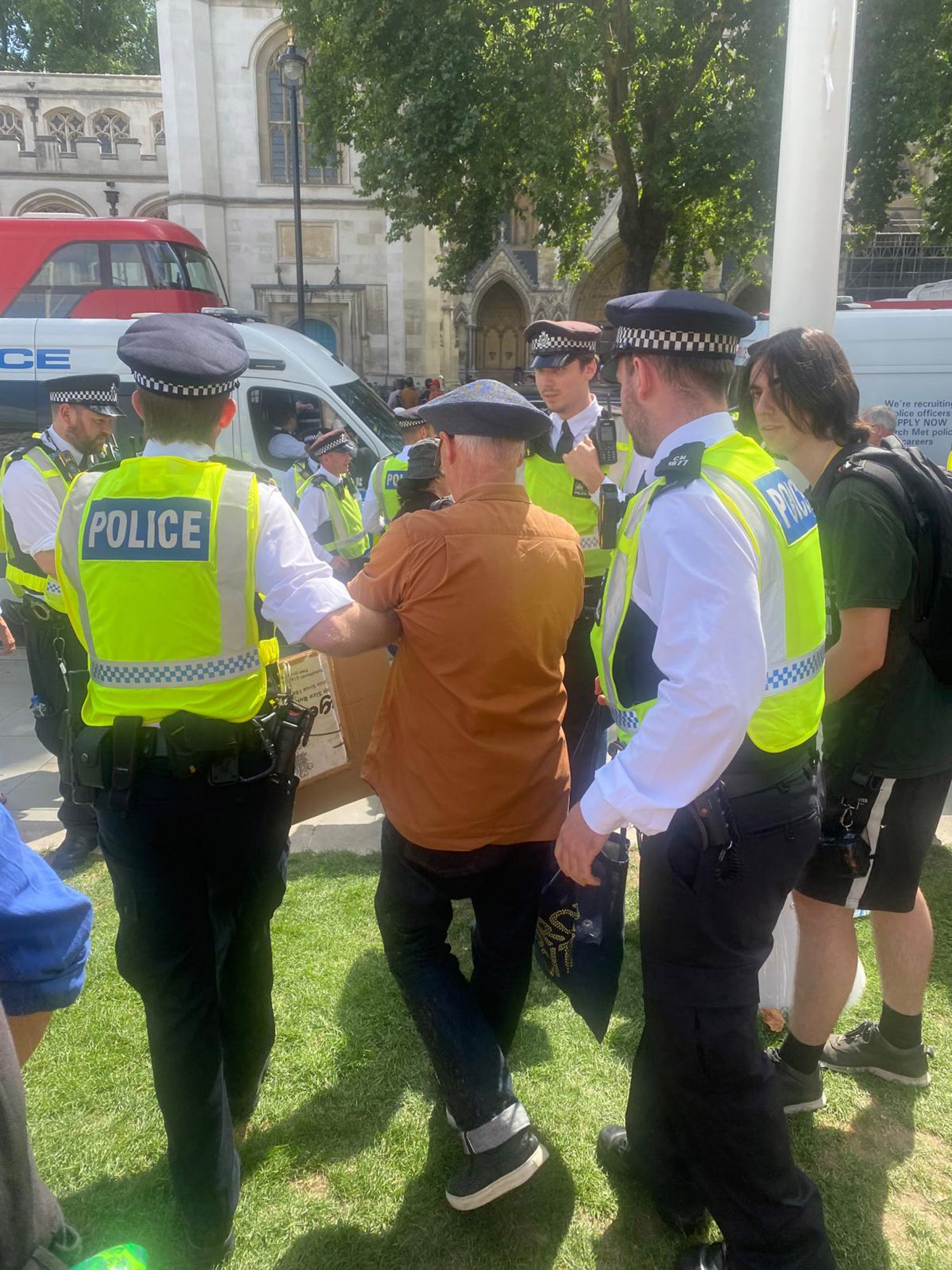 Jeremy Till arrested at a Palestine Action protest. Photo by Clare Farrell