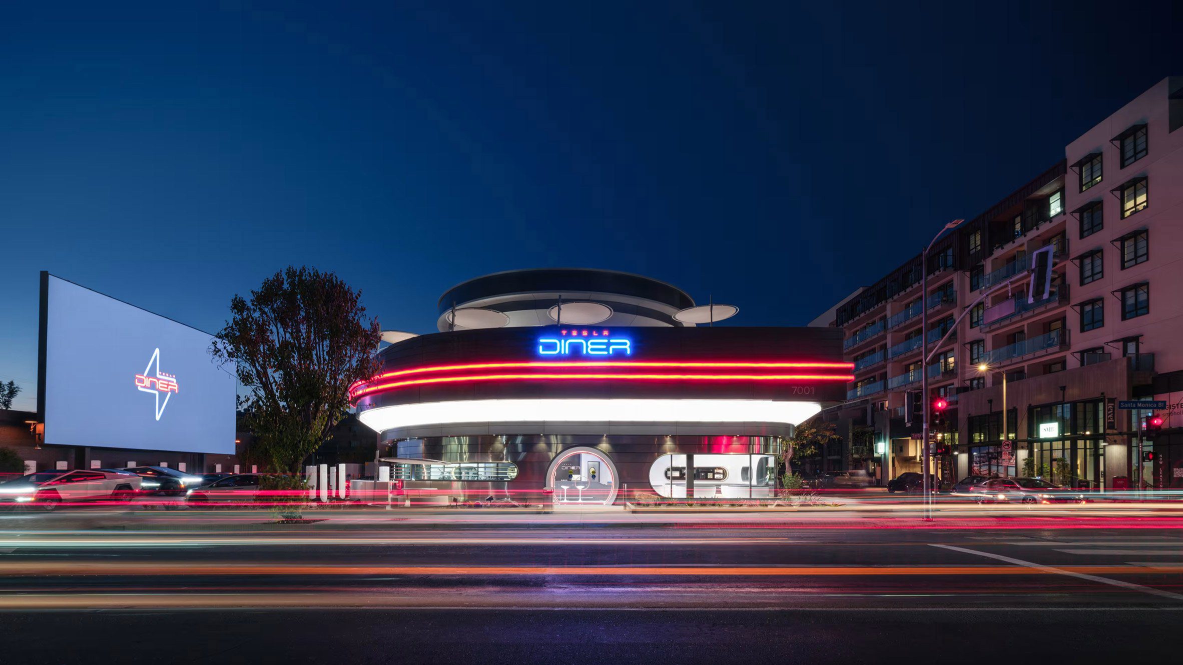 Tesla retro-futuristic diner Los Angeles