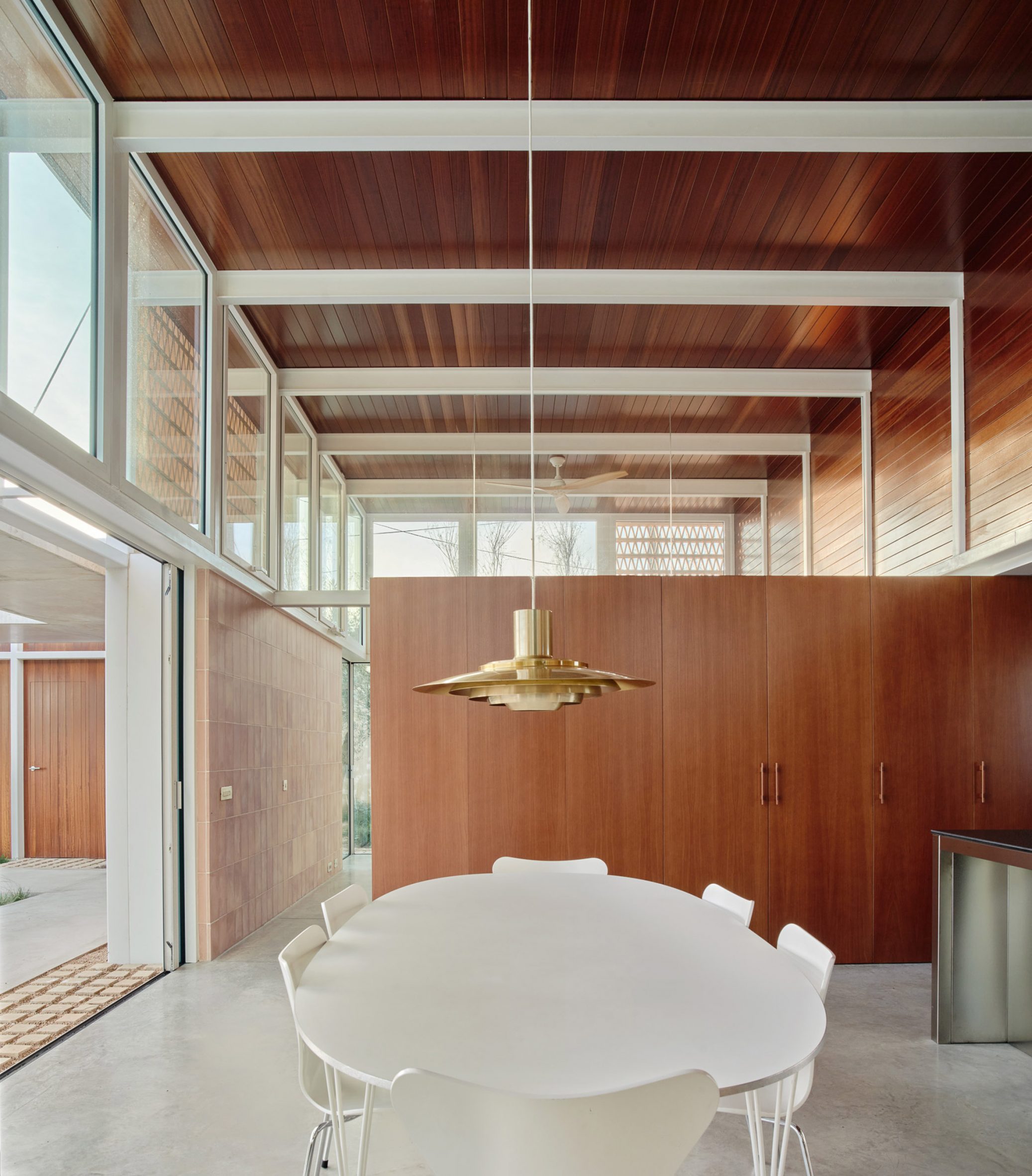 Wood-lined dining room