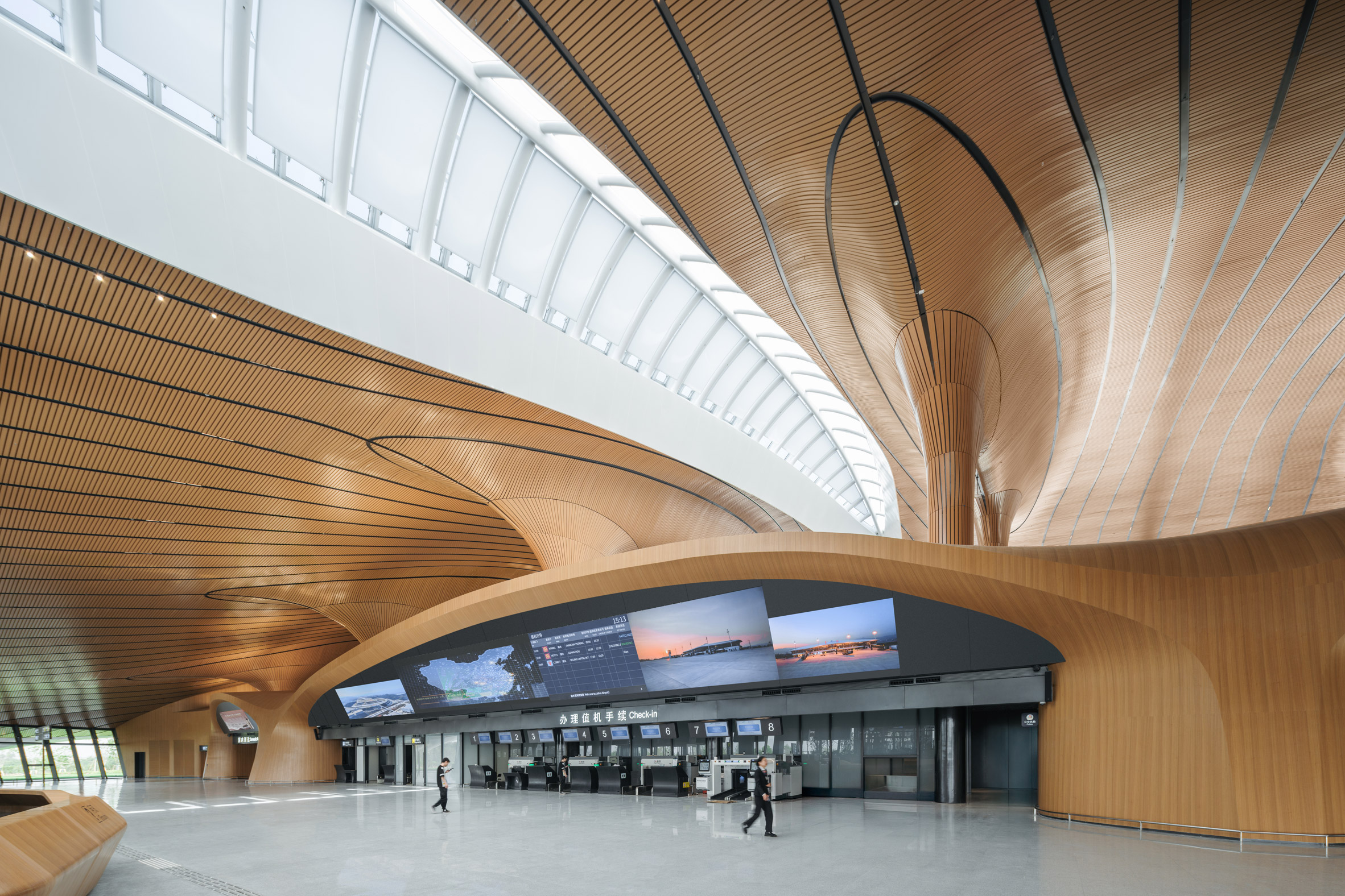 Wood-lined terminal interior