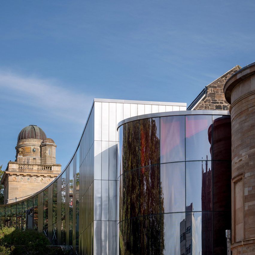 AL_A adds red glass entrance and panoramic extension to Paisley Museum