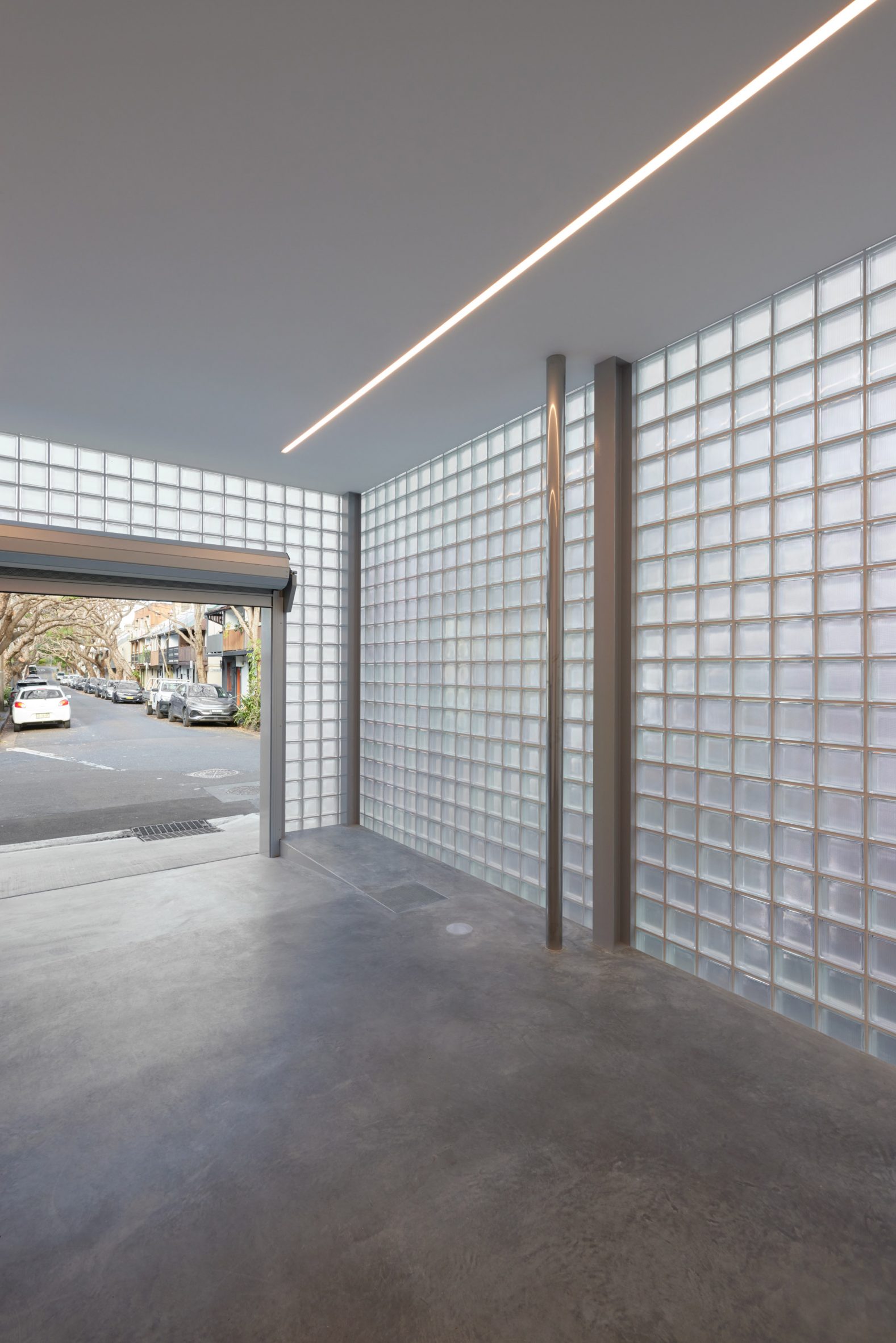Glass brick and steel garage