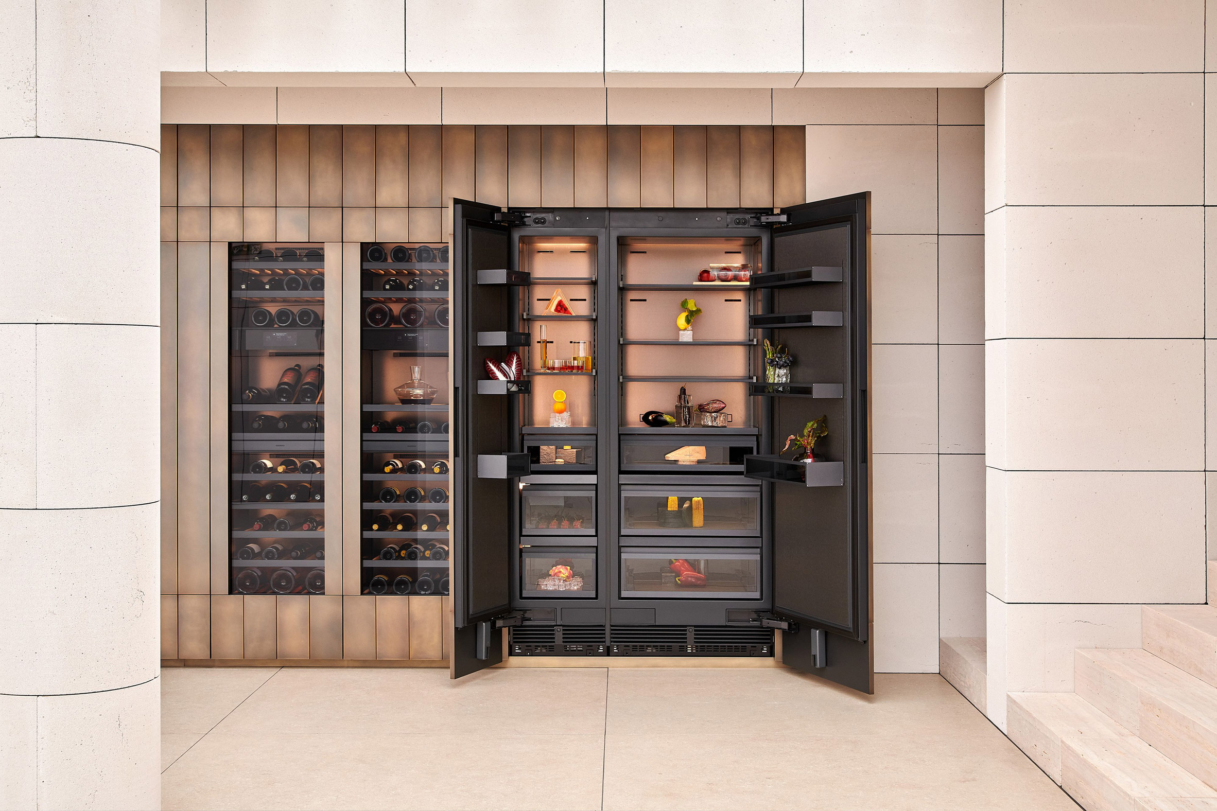 Open refrigeration units displaying food and wine alongside integrated wine storage