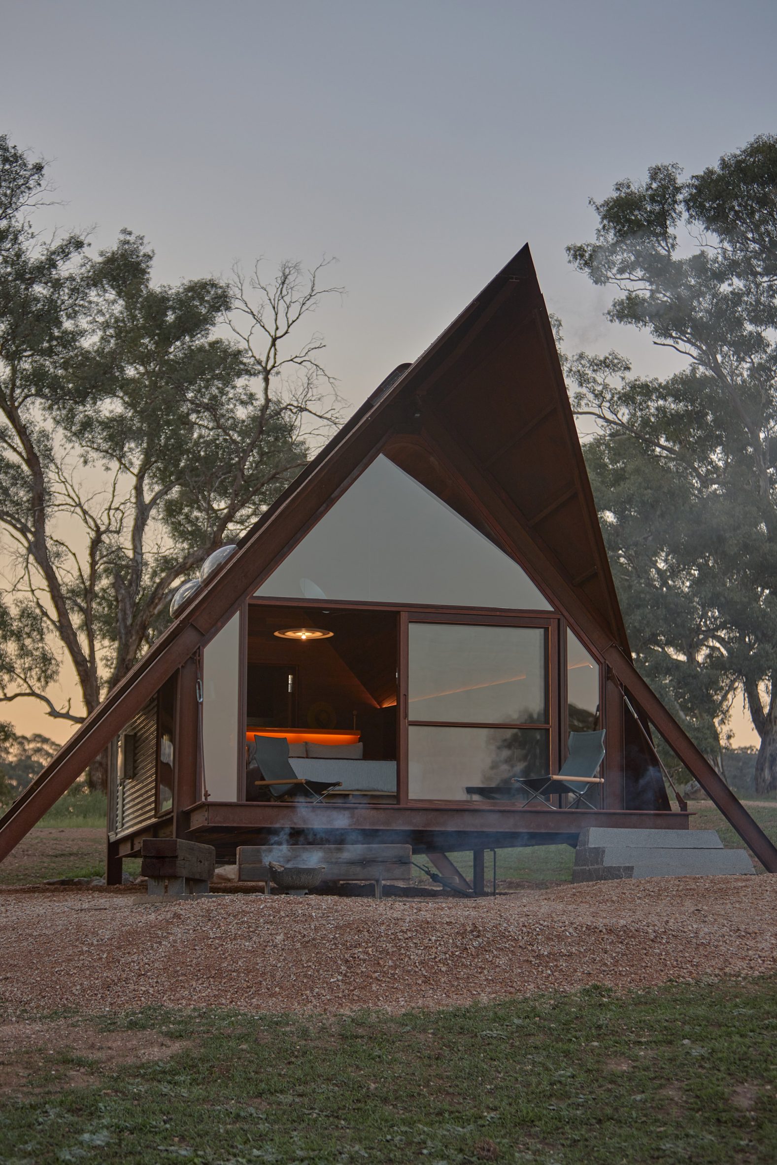 Corten-clad cabin at dusk in New South Wales