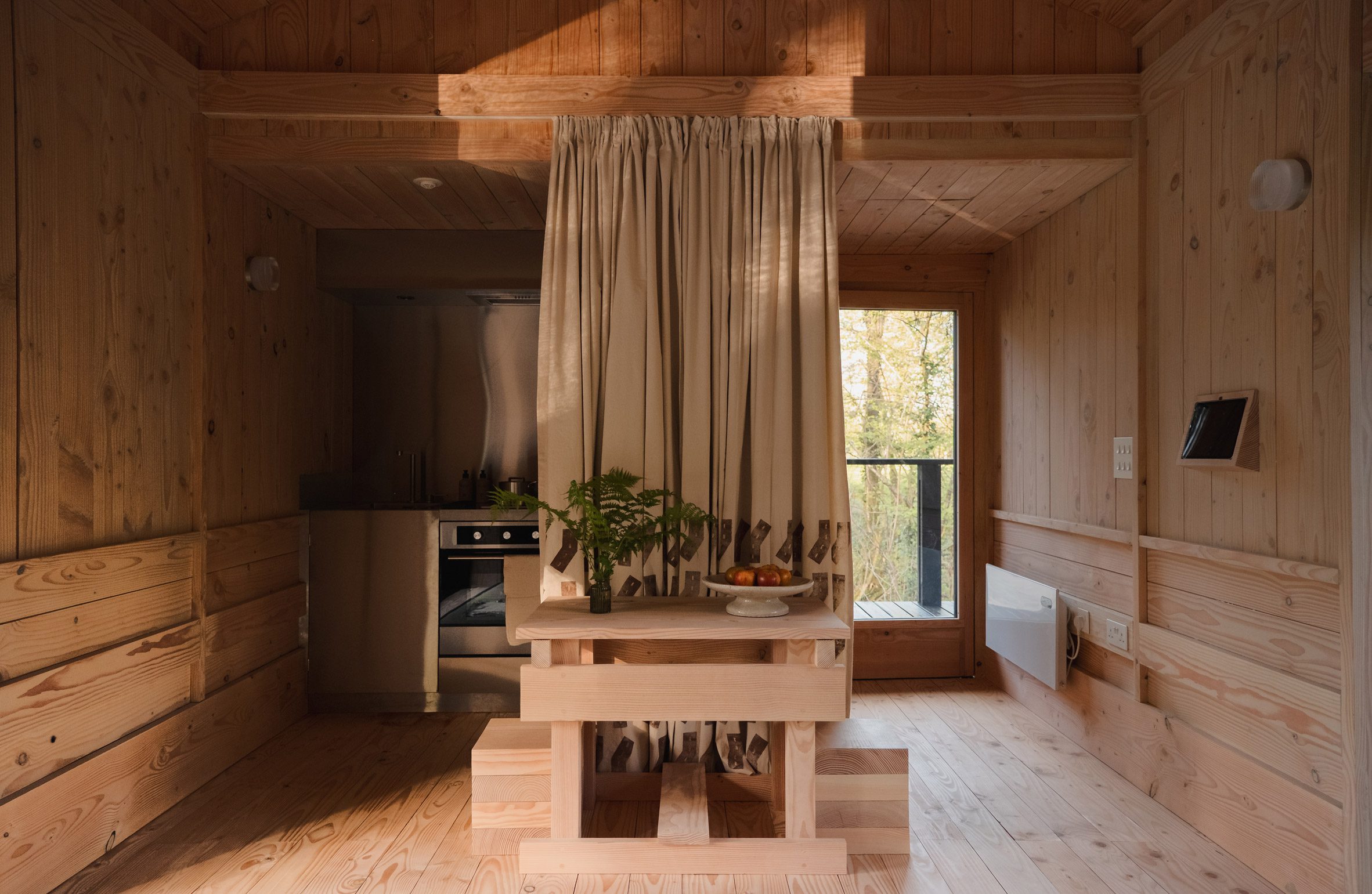 Wood-lined holiday home interior
